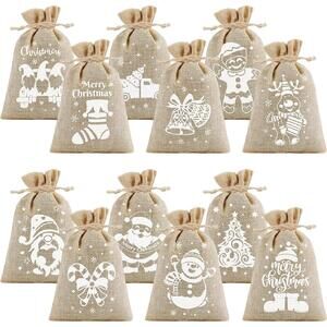 36Pcs Christmas Burlap Gift Bags with Drawstring 4x6in Christmas Linen Treat Bag